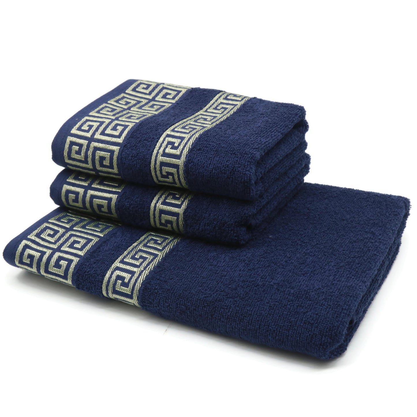Luxury 3 Piece Greek Key Towel Set - 1 Bath Towels, 2 Hand Towels, 100% Cotton Highly Absorbent Embroidered, Navy Blue Bath Towel Set GR0102