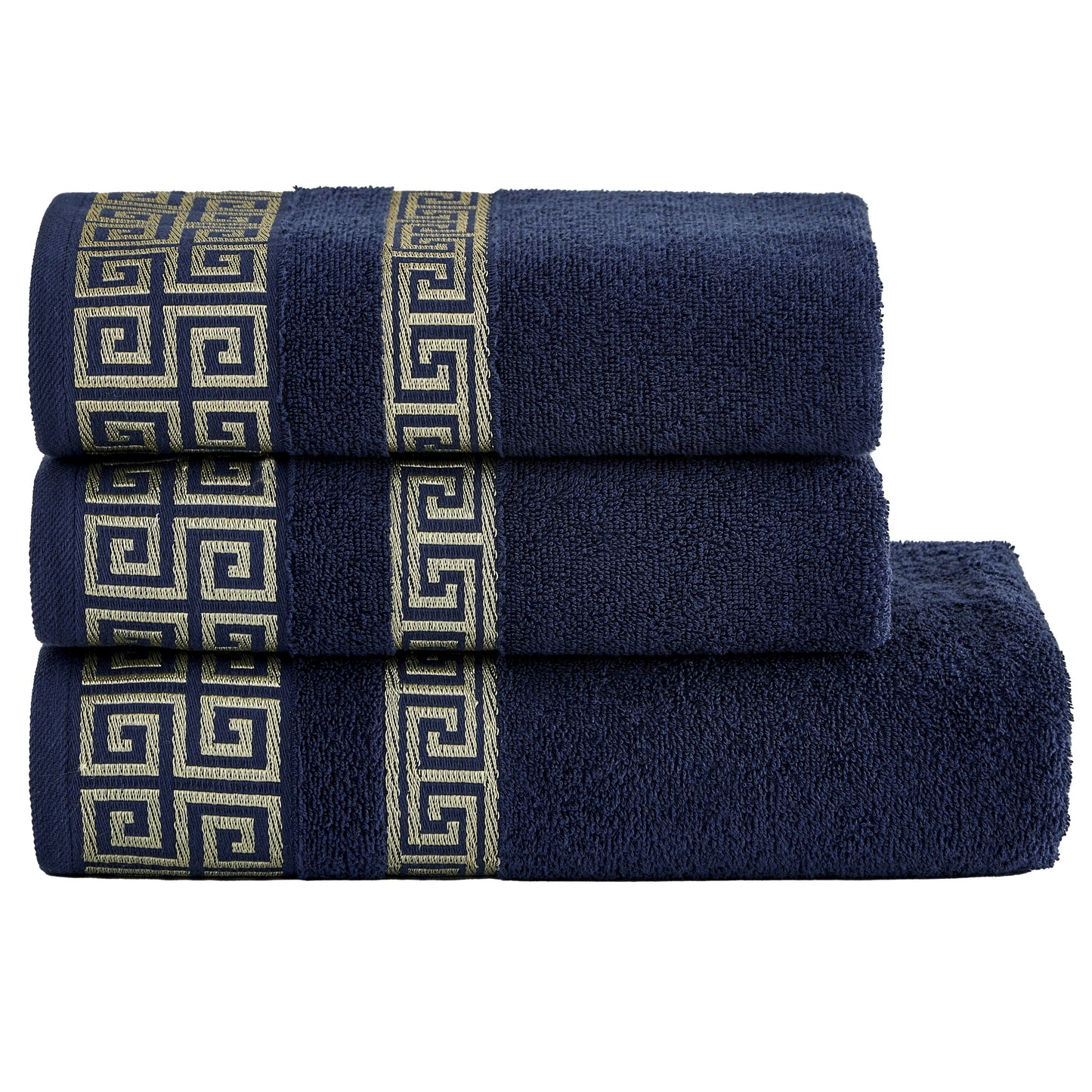 Luxury 3 Piece Greek Key Towel Set - 1 Bath Towels, 2 Hand Towels, 100% Cotton Highly Absorbent Embroidered, Navy Blue Bath Towel Set GR0102