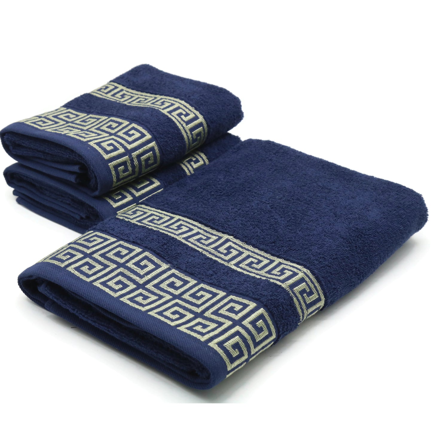 Luxury 3 Piece Greek Key Towel Set - 1 Bath Towels, 2 Hand Towels, 100% Cotton Highly Absorbent Embroidered, Navy Blue Bath Towel Set GR0102