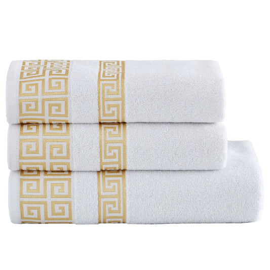Luxury 3 Piece Greek Key Towel Set - 1 Bath Towels, 2 Hand Towels, 100% Cotton Highly Absorbent Embroidered White Bath Towel Set GR0105