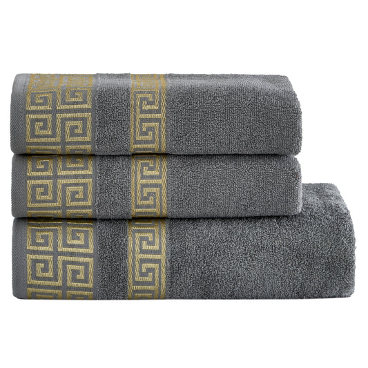 Luxury 3 Piece Greek Key Towel Set - 1 Bath Towels, 2 Hand Towels, 100% Cotton Highly Absorbent Embroidered Gray Bath Towel Set GR0102