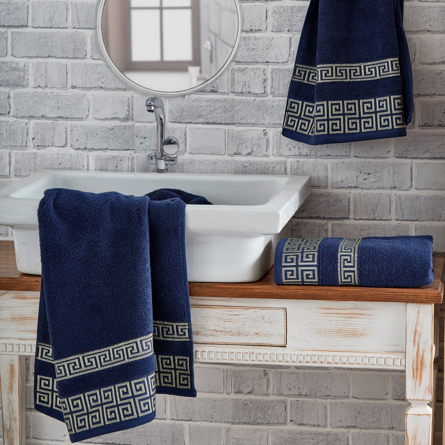 Luxury 3 Piece Greek Key Towel Set - 1 Bath Towels, 2 Hand Towels, 100% Cotton Highly Absorbent Embroidered, Navy Blue Bath Towel Set GR0102